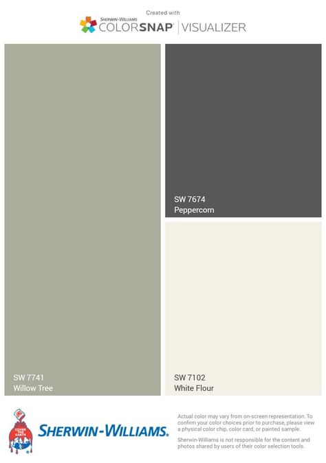 Willow Tree Color Palette, Colors That Go With Peppercorn, Sw Willow Tree, Willow Tree Paint Color, Sherwin Williams Willow Tree, Peppercorn Exterior House, Willow Tree Sherwin Williams, Outdoor Colours For Houses, Half Bath Paint Colors