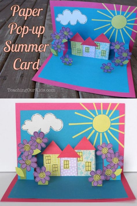 Craft for Kids: Paper Pop-Up Summer Card Paper Projects Diy, Diy Pop Up Cards, Tarjetas Pop Up, Construction Paper Crafts, Flower Birthday Cards, Pop Up Art, Paper Pop, Paper Wall Hanging, Halloween Crafts Decorations