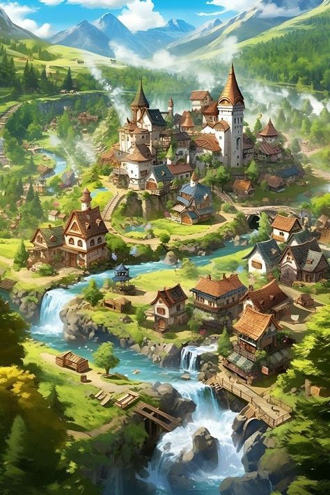 Everything you need to get started in painting, from how to use brushes, layers, and different layer techniques all the way to mastering advanced editing techniques. Magical Village Art, Fantasy City Illustration, Dnd Fantasy Art Landscape, Dnd Castle, Rpg City, House Concept Art, Castle Village, Fantasy Country, River Village