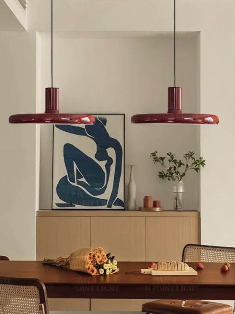 2 Pendant Lights Over Dining Table, Bauhaus Lighting, Saucer Lamp, Lights Over Dining Table, Red Pendant Light, Bauhaus Lamp, Pendant Lamp Living Room, Dining Room Modern, Red Dining Room