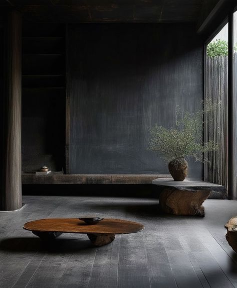 Black Wabi Sabi Interior, Black Japandi Interiors, Wabi Sabi Exterior, Dark Japandi, Dark House Aesthetic, Black Homes, Forest Living, Wabi Sabi Interior Design, Dark Minimalist