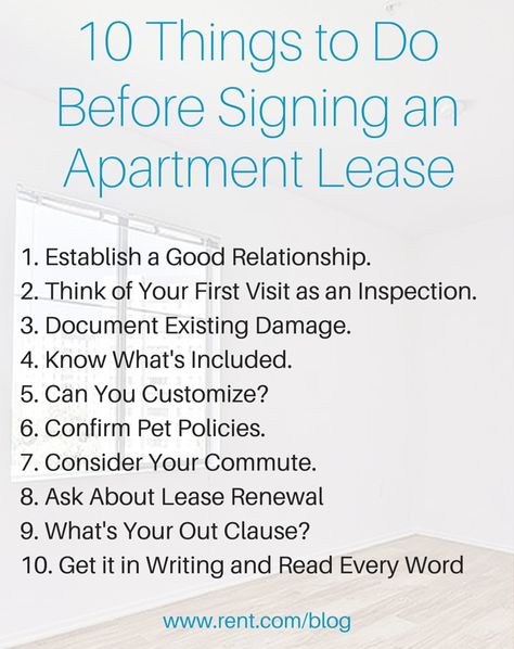 Don't sign an apartment lease before reading 10 Things You Should Do Before Signing a Lease from Rent.com on The Shared Wall blog! Rental Checklist, First Apartment Tips, Apartment Lease, First Apartment Essentials, First Apartment Checklist, Apartment Hacks, Apartment Needs, Apartment Hunting, Apartment Checklist