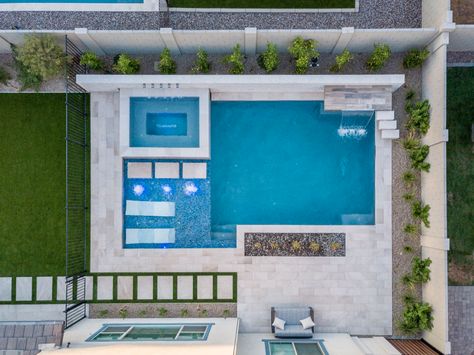 Arizona Pool Landscaping, Rectangle Pool With Raised Spa, Arizona Backyard Ideas Pool Landscape Design, Rectangle Pool With Spa And Sun Shelf, Rectangle Pool With Spa, Modern Rectangle Pool, Pool Patio Ideas, Modern Pool Design, Modern Pool And Spa