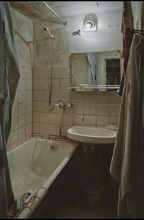 Rundown House Aesthetic, Run Down Apartment Interior, Poor House Interior Aesthetic, Gross Bathroom Aesthetic, Poor Home Aesthetic, Liminal Space Drawing, Run Down Apartment Aesthetic, Rundown Apartment Aesthetic, Background Reference Photo Room