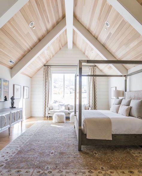 Wooden Canopy Bed, Pitched Ceiling, Airy Bedroom, White Beams, Plank Ceiling, French Country Bedrooms, Hill Interiors, Country Bedroom, Bedroom Goals