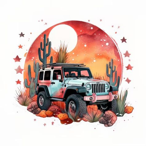 Jeep Painting, Tropical Clipart, Jeep Art, Batman Drawing, Hors Route, Tshirt Design Inspiration, Car Themes, Hur Man Målar, Desert Landscape