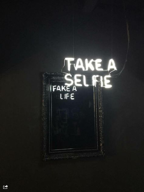 Camilo Matiz, Take a selfie / Fake a life, 2015, Glass, neon, wooden frame, 99 x 154 cm, Ed. 5 #neonart #contemporaryart #lightart #neon #mirror #selfie #sign Honest Burger, Diner Branding, Sign Photography, Sculpture Inspiration, Fake Life, Take A Selfie, Retro Shop, Quotes About Photography, Boutique Interior