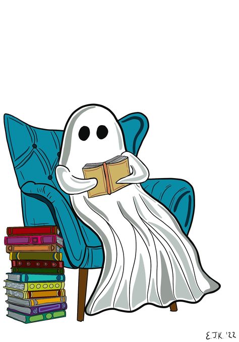 High resolution digital download of a quaint ghosty reading some of his favorite spooky stories in a comfy chair Halloween Screen Savers, Bookish Crafts, Halloween Pumpkins Carvings Designs, Reading Artwork, Reading Illustration, Inktober Inspiration, Ghost Reading Book, Creepy Movies, Chair Drawing