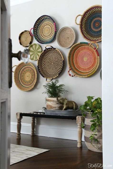 Basket Gallery Wall, Woven Bench, Boho Style Room, Basket Art, Boho Gallery Wall, Colorful Baskets, African Basket, Wall Baskets, Gray Walls