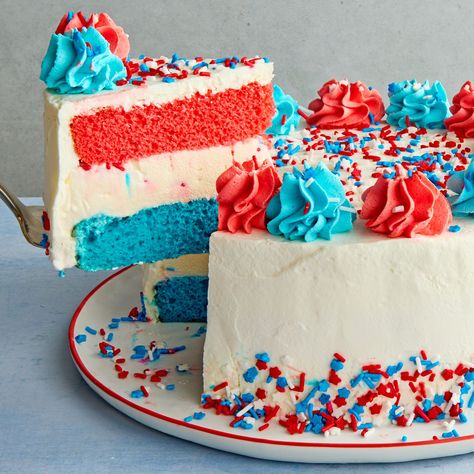 Delish Red White Blue Desserts, Blue Desserts Recipes, 4th Of July Ice Cream, Fourth Of July Party, Ice Cream Cake Recipe, Ice Cream Sprinkles, Blue Desserts, July Ideas, Whipped Cream Frosting