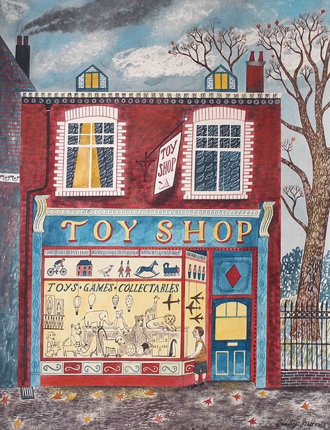 by Emily Sutton English Scenery, Houses Illustration, Cafe Illustration, Emily Sutton, Building Illustration, Shop Illustration, House Illustration, Toy Shop, Naive Art