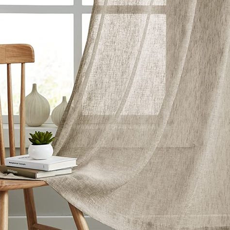 Amazon.com: Melodieux Tan Linen Sheer Curtains 96 Inches Long for Living Room, Bedroom Natural Flax Textured Light Filtering Rod Pocket Burlap Sheer Voile Drapes, 52x96 Inch, 2 Panels : Home & Kitchen Tan Sheer Curtains, Room Shades, Linen Sheer Curtains, Living Room Shades, Living Room Natural, Sheer Linen Curtains, Natural Living Room, Plain Curtains, Mountain Decor