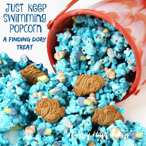 Finding Dory Treats - Just Keep Swimming Popcorn Finding Dory Birthday Party, Dory Birthday Party, Finding Dory Party, Finding Dory Birthday, Dory Birthday, Dory Party, Blue Popcorn, White Chocolate Popcorn, Nemo Party