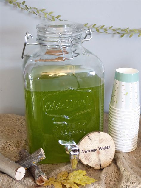 Swamp Water Punch Forest Animal Party Ideas, Woodland Animal Themed Birthday Party, 1st Birthday Party Woodland Theme, Woodland Party Drinks, Woodland Drink Ideas, Woodland Theme Decorations, Forest Themed 1st Birthday Party, Forest Themed Drinks, Woodland Animal Party Food