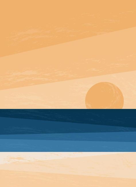 Sunset and sunrise at sea. Water surface sandy beach. Ocean abstract stylish background with tropical coastline. Blue water and sky of different shades. Senior Events, Sunrise Graphic, Brand Theme, Sunset And Sunrise, Stylish Background, Graphical Design, Sea Sunrise, Vector Landscape, Harry Potter Painting