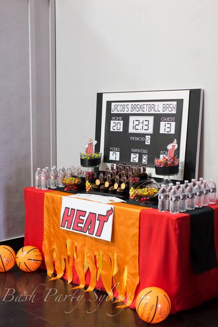 Miami Heat Basketball Birthday Party Ideas | Photo 1 of 14 | Catch My Party Miami Heat Party Ideas, Miami Heat Birthday Party Ideas, Basketball Birthday Party Ideas, Miami Heat Party, March Madness Parties, Basketball Birthday Party, Basketball Baby Shower, Banquet Centerpieces, Basketball Theme Party