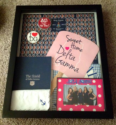 My first shadow box! #DG Sorority Shadow Box Ideas, Shadow Box Ideas, Pi Phi, Delta Gamma, Delta Zeta, Alpha Chi, Sorority Gifts, Box Ideas, Shadow Boxes