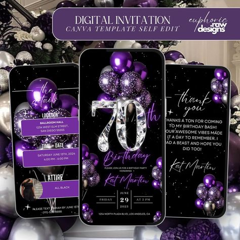 70th Birthday Party Invitation, Purple Silver Balloons, Digital 70th Glam Dinner Invite Template, Diamond Video Editable Brunch Itinerary, - Etsy Diamond Video, Silver Balloons, 70th Birthday Party, Birthday Goals, Silver Balloon, Diamond Videos, Birthday Flyer, 70th Birthday Parties, 60th Birthday Party