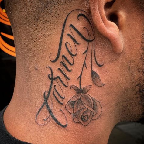 Script Rose Behind The Ear Tattoo Name Behind Ear Tattoo Men, Tattoo Ideas For Men Behind Ear, Rose Behind The Ear Tattoo, Mens Behind Ear Tattoo, Rose Neck Tattoo Men, Blessed Tattoo Behind Ear, Name Behind Ear Tattoo, Rose Behind Ear Tattoo, Name Tattoos Behind Ear