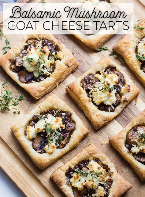 Balsamic Vinegar Mushroom Goat cheese puff pasty tart appetizer perfect for your next dinner party. #easyappetizer #mushrooms #puffpastryrecipes Party Munchies, Mushroom Goat Cheese, Vegetarian Feast, Balsamic Mushroom, Balsamic Mushrooms, Mushroom Tart, Goat Cheese Appetizer, Goat Cheese Tart, Onion Tart