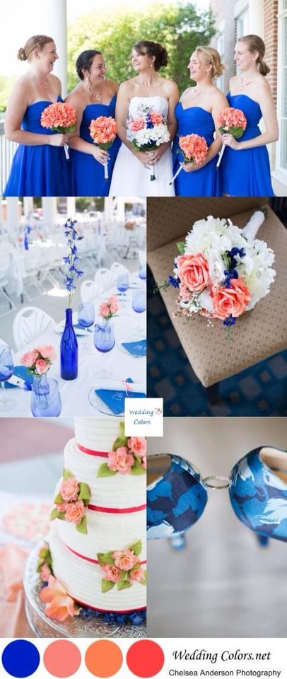 Colors Blue And Coral Wedding, Cobalt Wedding, Wedding Cake Pops, Royal Blue Wedding, Blue Themed Wedding, Coral Wedding, Wedding Palette, Theme Color, Wedding Time