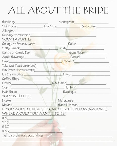 Bride Questionnaire, Bridesmaid Questionnaire, Bach Brunch, Bridesmaid Question, Wedding Planning Templates, Rustic Bridal Shower Games, Rich Wedding, Wedding Lunch, Gum Flavors