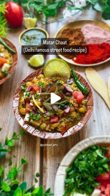 Vandana Garg on Instagram: "Matar Chaat
(Delhi famous street food recipe)

This Matar Chaat Recipe is a very famous street food from Delhi. It is a semi gravy dish. This can be served along with Kulcha or can be eaten as it is. This is super easy to make, Spicy & Tangy Chaat recipe.

Ingredients 
2 cups Dried Peas / Vatana
1 cup onion- chopped
1 cup tomato- chopped 
1 cup potato- boiled & chopped 
1 Green Chilli- chopped 
1 tbsp Ginger- grated 
1/4 cup coriander leaves - chopped
Salt as per taste 
1/2 tsp Black Salt
1 tsp Chaat Masala
1 tsp Cumin powder
1 tsp Red Chilli powder
1 tbsp Lemon Juice
1 tbsp Tamarind Paste
1 tbsp coriander chutney 

Instructions -
1. Firstly, soak the dried peas for at least 5 to 6 hours or overnight and keep it aside.
2. Heat a pressure cooker, add the soaked d Chaat Recipe Street Food, Dried Peas, Street Food Recipe, Famous Street Food, Coriander Chutney, Red Chilli Powder, Tamarind Paste, Chaat Recipe, Black Salt