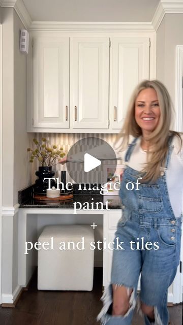 15K views · 189 comments | Jordan Miller on Instagram: "The magic of paint and peel & stick tiles! If you need a 🔗, comment “LINK” and I’ll send them over! 

Not everything has to drain your bank account! While this space would be great for floor to ceiling cabinets or a cabinet pantry…I literally have no idea when or what we will do with a kitchen reno, so simple updates work for now! The peel and stick tile was so easy to use and it really looks great! Also - I totally forgot what this 80’s kitchen desk looked like when we first moved in. 👀👀👀👀👀 (after we had floors done, but that’s all). Yikes!! 

Cabinet paint color: Benjamin Moore Steam - Advanced line in Satin

***FYI: to make this renter friendly, make sure to put down peel and stick wallpaper before the tiles. These tiles do n Peel And Stick Inside Kitchen Cabinets, Peel And Stick Tile Bathroom, Peel And Stick Tile Kitchen, To Ceiling Cabinets, Ceiling Cabinets, Inside Kitchen Cabinets, Floor To Ceiling Cabinets, Cabinet Pantry, Kitchen Desks