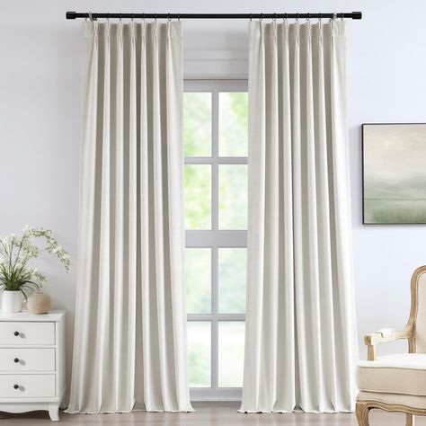 PRICES MAY VARY. Ready Made:Each package includes 2 panels of pinch pleated velvet curtains with 18 hooks(without rings),measuring 40"Wx108"L each panel. Light Control:Sewn with blackout lining,these pinch pleated drapes can block out sunlight,uv rays effectively and provide thermal insulation,noise reduction and total privacy protection,creating a cozy ambiance for bedrooms, home theaters, or any room where light control is desired. Luxury Velvet Pinch Pleats Design:Each embossed velvet curtain Tall Window Curtains, White Velvet Curtains, Curtains Over Blinds, Off White Curtains, White Curtains Living Room, Bedroom Window Treatments, Pinch Pleat Drapes, 90's Room, 80's Room