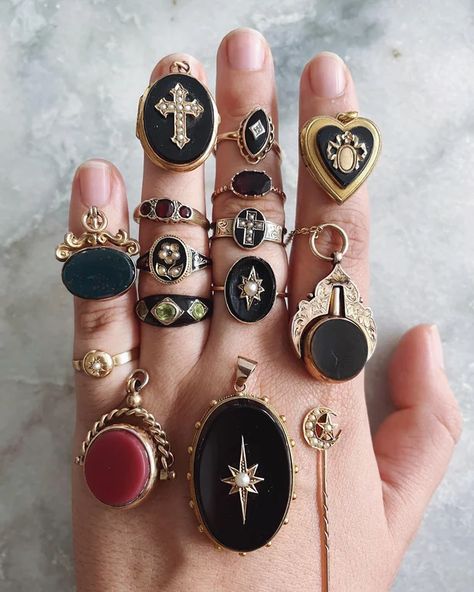 Some of my collection - all Victorian Era except the heart locket. : RandomVictorianStuff Gold Goth Aesthetic, Victorian Gothic Jewelry, Antique Locket, Dope Jewelry, Jewelry Lookbook, Funky Jewelry, Time Period, Victorian Jewelry, Hand Jewelry