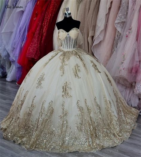 Gorgeous Beige Quinceanera Dresses Gold Sequin Charro Vestidos De 15 Años Corset Bow Shine Xv Quinceanera Dresses Beige, Gold Xv Dresses, Beige Quinceanera Dresses, Champagne Quince Dress, Charro Vestidos, Gold Quinceanera Dresses, Champagne Quince Dresses, Beauty And The Beast Quince, Xv Dresses