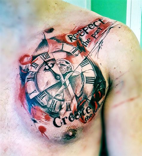 Respect The Past Create The Future, Guide Me Tattoo, Respect The Past Create The Future Tattoo, Past Tattoo Ideas, Past Tattoo, Arte Trash Polka, Polka Tattoo Designs, Trash Polka Tattoos, Clock Tattoos