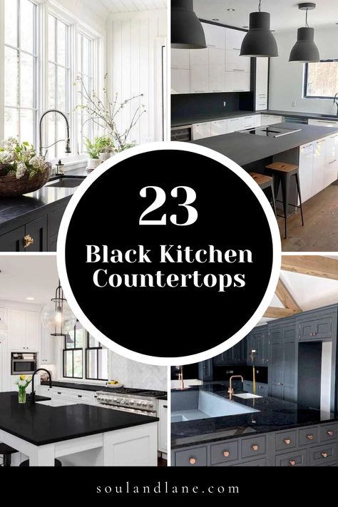 From sleek granite to luxurious marble, matte quartz, and beyond, learn how these dark countertops can serve as a dramatic contrast to lighter cabinetry or create a cohesive look with darker themes. Find out how to enhance their beauty with the right lighting, hardware, and accessories, making your kitchen not only a place for meal prep but also a stunning design statement in your home. Modern Black Countertops, Black Countertops With Black Faucet, Modern Kitchen Dark Countertops, Matte Black Quartz Kitchen Countertops, Black Quartzite Kitchen Countertops, Black Kitchen Island Countertops, Kitchen With Dark Gray Cabinets, Black And Gray Countertops, Matte Black Kitchen Countertops