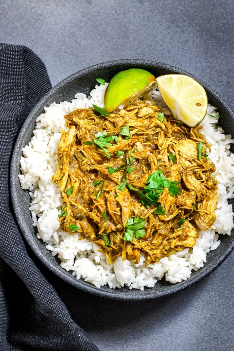 Jamaican Curry Chicken and Coconut Rice (Instant Pot). Tender, shredded chicken seasoned with curry and all spice, and served over coconut rice. Easy to make and full of amazing flavors. Coconut Rice Instant Pot, Rice Instant Pot, Curry Chicken Recipe, Jamaican Curry Chicken, Chicken Instant Pot, Jamaican Curry, All Spice, Shredded Chicken Recipes, Instant Pot Recipes Chicken