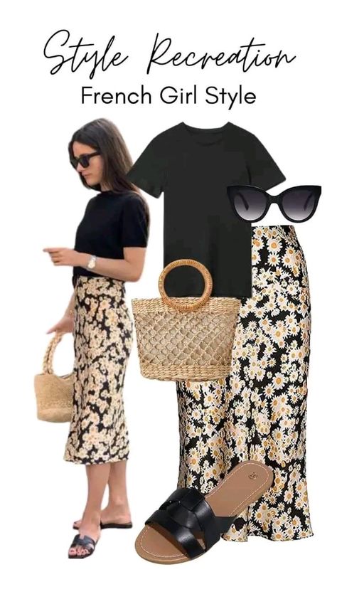 French Casual Outfits Summer, Straw Bag Outfit Casual, Black Skirt Outfit Street Style, Paris Inspired Outfits French Style, Floral Bag Outfit, French Women Style Outfits Parisian Chic, Summer Outfits French Style, Timeless Summer Outfits Classy, Parisian Style Spring 2024