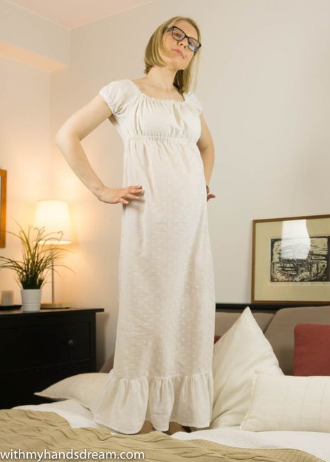 Image: Empire-waisted cotton nightgown, front view. Regency Nightwear, Empire Waist Nightgown, Regency Dresses, Gown Sewing Pattern, Regency Dress, Cotton Nightgown, Handmade Wardrobe, Sewing Project, Front View