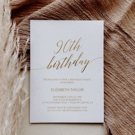 Elegant Gold Calligraphy 90th Birthday Invitation - Birthday Invitation Sabe The Date, Typography Elegant, Elegant Birthday Invitations, Romantic Minimalist, Birthday Party Decorations For Adults, 90th Birthday Invitations, Whimsical Typography, 70th Birthday Invitations, Simple Birthday Party