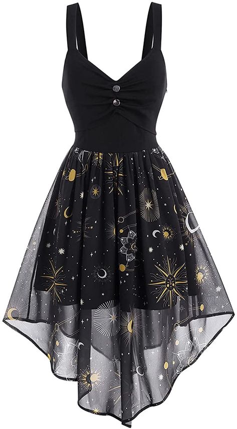 AmazonSmile: FEAPHY Women's Vintage Chiffon Sun Moon Star Sleeveless A-Line High Low Dress (Galaxy-Purple, L) : Clothing, Shoes & Jewelry Mode Rock, Galaxy Dress, Moon Dress, Star Clothing, Fast Fashion Brands, Stil Inspiration, Star Dress, Moon Star, Really Cute Outfits