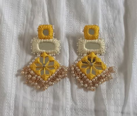 Chumki Work Craft, Mirror Earrings Handmade, Earrings For Haldi, Diy Earrings Materials, Yellow Mirror, Diy Earrings Easy, Diy Fabric Jewellery, Fabric Jewellery, Handmade Clay Jewelry