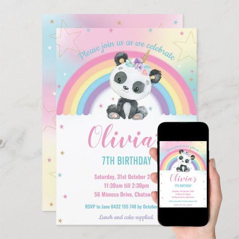 Panda Birthday Invitations, Panda Birthday Party, Baby Shower Announcement, Panda Birthday, Panda Party, Rainbow Birthday Party, Rainbow Birthday, Happy Cat, 7th Birthday