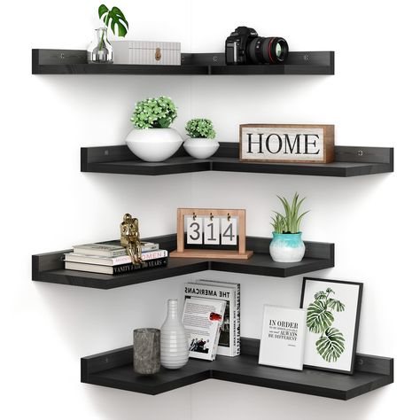 Black Corner Shelves, Living Room Wall Shelving, Wooden Wall Shelves Living Room, Corner Wall Shelves Living Room, Show Case For Living Room, Office Floating Shelves, Wooden Corner Shelves, Black Corner Shelf, Black Wall Shelf