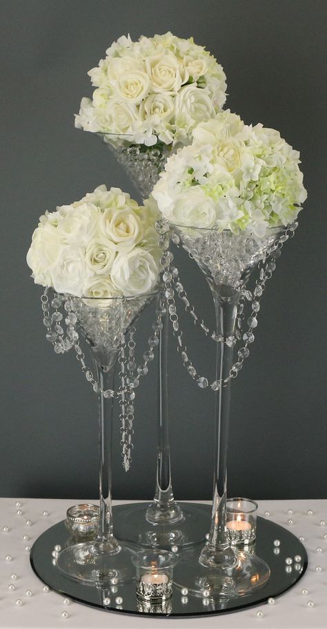 an elegant inspired martini vase centrepiece Crystal Centrepiece Wedding, Martini Glass Centerpiece, Vase Centrepiece, Wedding Decorations Table, Wedding Floral Centerpieces, Crystal Candlesticks, Venue Decorations, Glass Centerpieces, Decorations Table