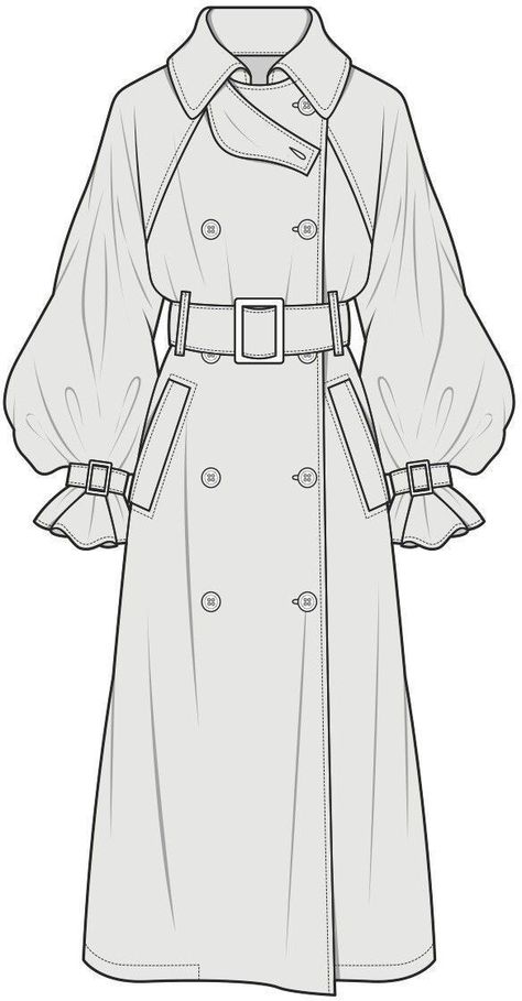 Trench Coat Design Sketch, Long Jacket Reference Drawing, Trench Coat Sketch, Trench Coat Flat Sketch, Trench Coat Illustration, Trench Coat Technical Drawing, Coat Technical Drawing, Trench Coat Drawing, Technical Drawing Fashion