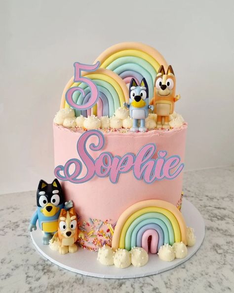 Rainbows and Bluey's Crew 🌈💙🧡 #perthcakes #perthbirthdaycakes #perthbirthday #perthcake #Bluey #blueycake #blueybirthday… | Instagram Bluey Cake Girly, Bluey Cake Pink, Rainbow Bluey Cake, Bluey 2nd Birthday Cake, Bluey Girls Birthday Cake, Bluey And Bingo Birthday, Bluey Cake Ideas For A Girl, Bluey And Bingo Cake, Pastel De Bluey