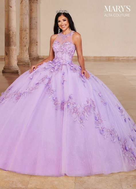 Quinceanera dresses Vestido Charro, Mary's Bridal, Long Halter Dress, Exquisite Gowns, Strapless Sweetheart Neckline, Quinceanera Dress, Illusion Neckline, Quince Dresses, 3d Flowers