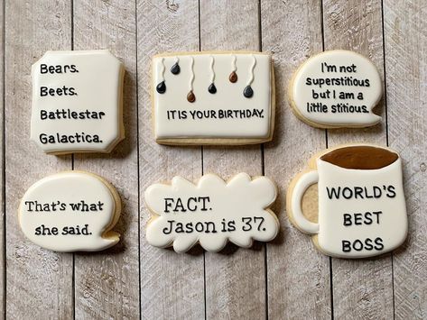 The Office Cookies Birthday, Birthday Cookies For Him, The Office Cookies, Office Themed Birthday Party, Bday Desserts, Cookie Themes, Office Themed Party, Office Birthday Party, Cookie Quotes