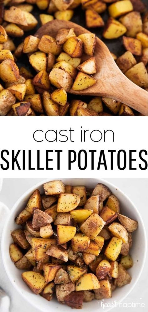 These easy cast iron skillet potatoes are crispy and golden on the outside, tender on the inside, and the perfect 20 minute, one-pan side dish with loads of buttery herbed flavor in every bite! Roasted Vegetables Cast Iron Skillet, Cast Iron Potatoes Recipes, Cast Iron Skillet Recipes Vegetarian, Diced Potatoes Skillet, Potatoes In Cast Iron Skillet, Cast Iron Potatoes, Cast Iron Skillet Potatoes, Iron Skillet Potatoes, Smothered Potatoes