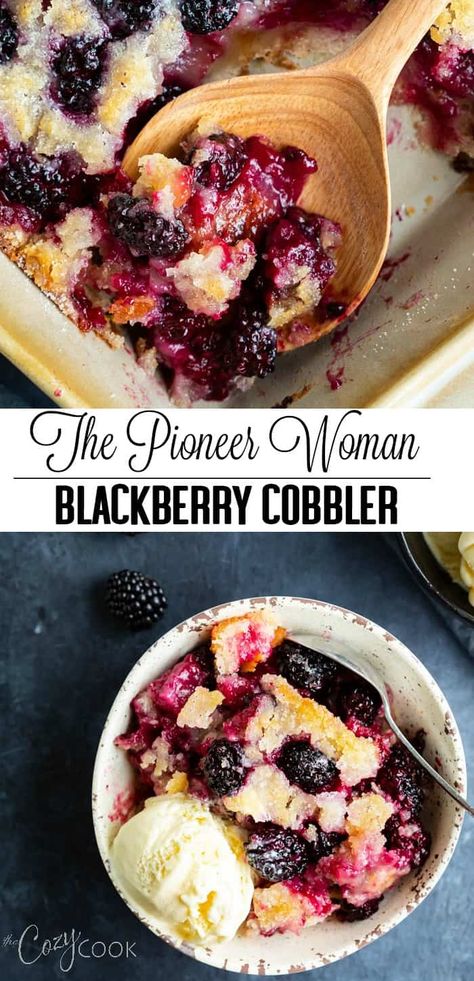 This easy Blackberry Cobbler recipe from The Pioneer Woman takes just 5 ingredients and 10 minutes to prepare. It's got a sweet, juicy filling and a sugary golden crust! #blackberrycobbler #thepioneerwoman #easyrecipe #dessert #breakfast Easy Blackberry Cobbler Recipe, Easy Blackberry Cobbler, Berry Cobbler Recipes, Blackberry Dessert, Blackberry Cobbler Recipe, Cobbler Recipes Easy, Blackberry Recipes, Berry Cobbler, Blackberry Cobbler