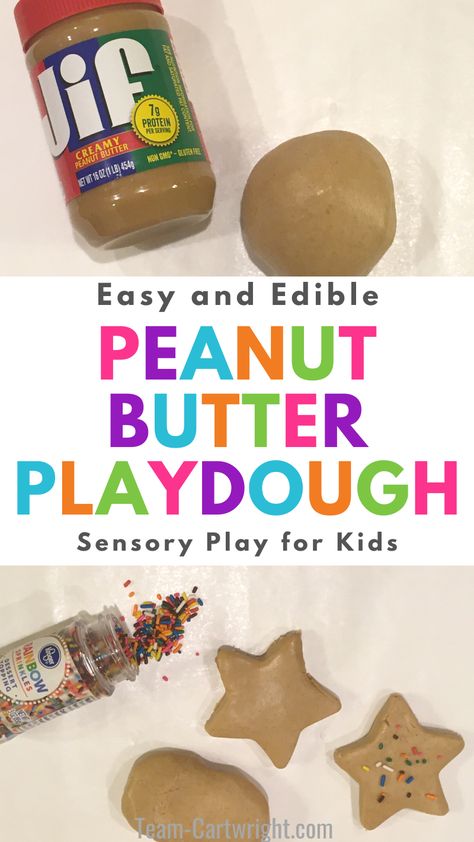 Text: Easy and Edible Peanut Butter Playdough. Top Picture: Jar of peanut butter and homemade edible playdough. Bottom picture: diy play dough made from play dough shaped into stars and circle with sprinkles for an edible sensory play time. Homemade Edible Playdough, Peanut Activities For Preschool, Coffee Playdough Recipe, Homemade Playdough Recipe Edible, Frosting Playdough Recipe, Editable Playdough Recipe, Eatable Playdough, Edible Activities For Toddlers, Edible Sensory Play Baby