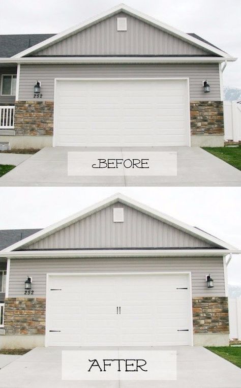 Or class it up with DIY carriage house doors. | 39 Budget Curb Appeal Ideas That Will Totally Change Your Home Diy Curb Appeal, Design Apartment, Up House, Home Upgrades, Updating House, Diy Home Improvement, Garage Door, House Numbers, Design Case